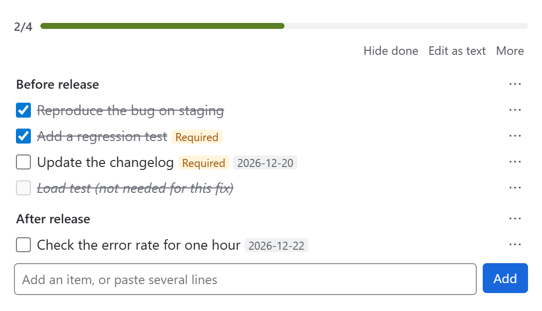 The Checklist panel in a Jira issue with headings, required items, due dates and progress
