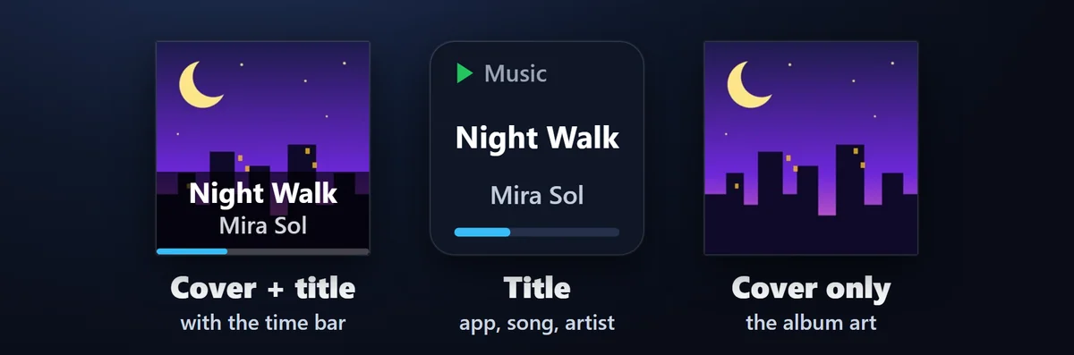 See what's playing: The album art, song title and artist on a key, with a bar for how far the song is. Press it to play or pause, or set it to next, previous or nothing.