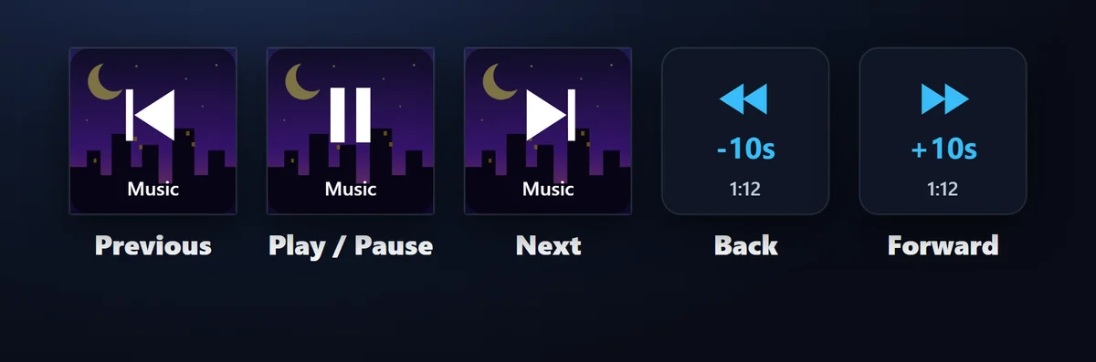 Play, skip and seek: Play / Pause, Next Track and Previous Track keys with the cover behind the symbol or a dark look, and Skip Back / Forward keys that jump 5 to 60 seconds. A key turns grey when the app blocks that step.