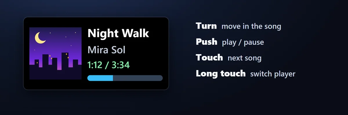 The song on the dial: On Stream Deck +, the touch screen shows the cover, title, artist and time. Turn to move through the song or skip songs, push to play or pause, touch for the next song.