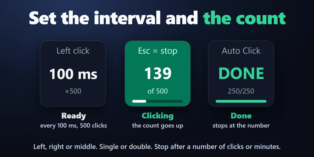 Set the interval and the count: Left, right or middle button, single or double click, stopping at 1 to 100,000 clicks or a 1 to 480 minute time limit, whichever comes first.