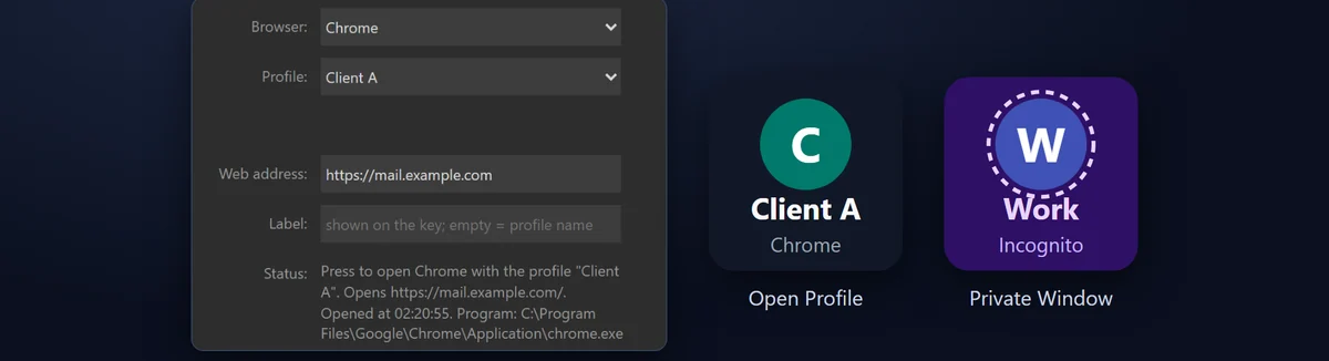 プロファイルのプライベート ウィンドウを開く：シークレット（Chrome・Brave）、InPrivate（Edge）、プライベート（Firefox）で開きます。