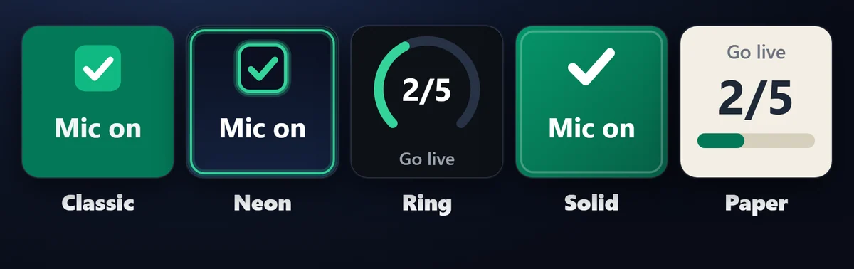 見た目を選ぶ:キーごとに 5 種類のスタイル(Classic・Neon・Ring・Solid・Paper)。