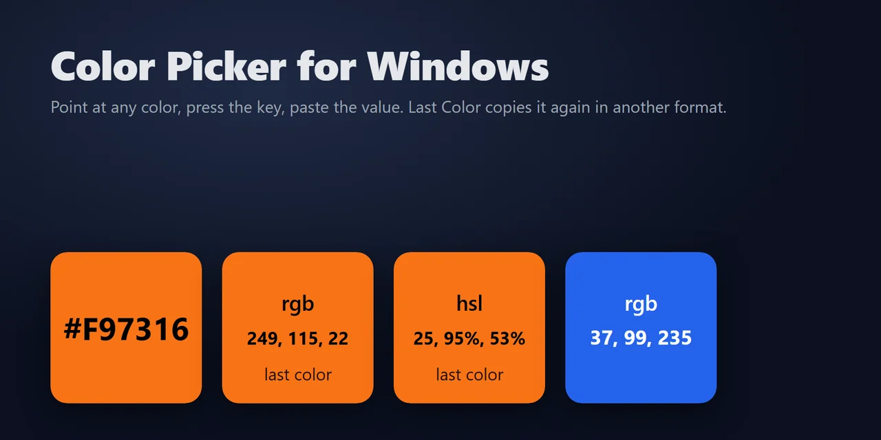 Color Picker for Windows:ピクセルにマウスを合わせてキーを押せば、カラーコードがクリップボードに