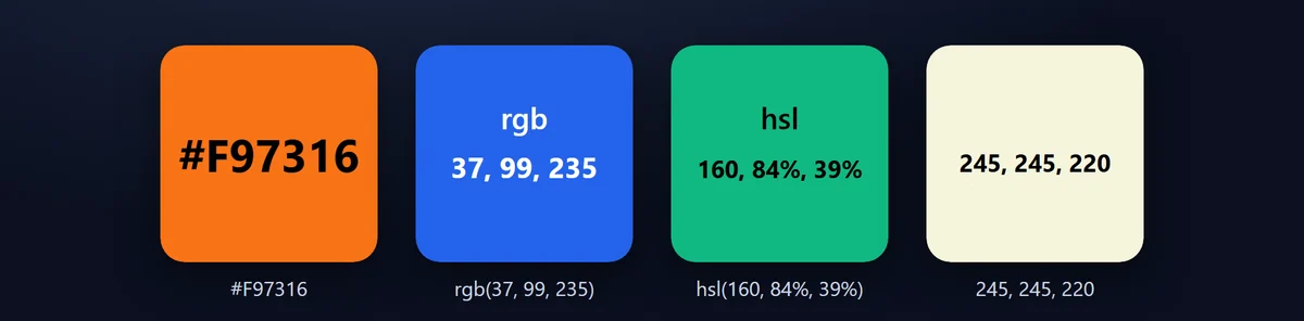 キーごとに4つの形式:HEX(#RRGGBB)、rgb(r, g, b)、hsl(h, s%, l%)、そのままの r, g, b から選べます。