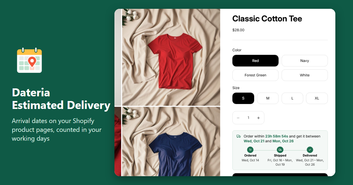 A Shopify product page with the delivery estimate above Add to cart: order within a countdown and get it between Wed, Oct 21 and Mon, Oct 26, with Ordered, Shipped and Delivered steps