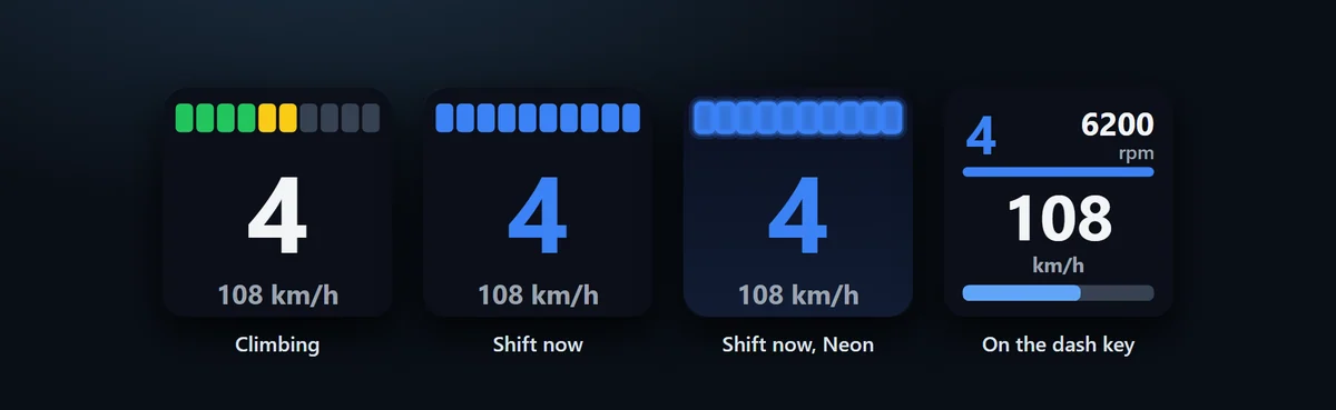 Shift at the right moment: The Gear key fills a row of shift lights as the revs climb and flashes blue at the shift point, with the gear and a number you choose below it. The shift point is the car's own shift light, learned from the highest revs you reach, or the rpm you type.