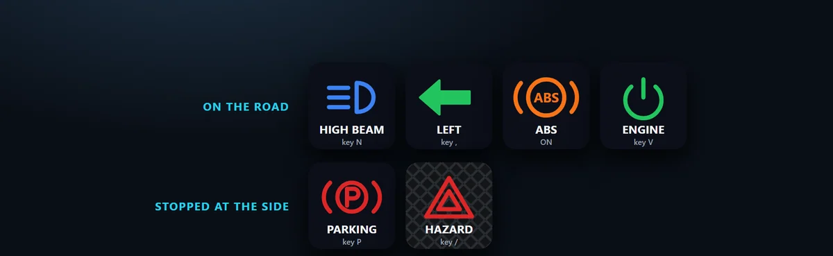 The car's dash lights, live: High beam, left and right signals, hazards, parking brake, engine, ABS, ESC / traction control, oil warning and shift light light up as the car shows them, and a press switches parking brake, high beam, signals, hazards and engine.
