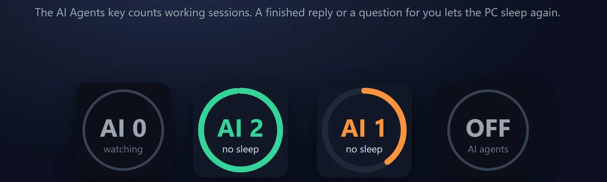 AIエージェント（AI Agents）：作業中の Claude Code のセッション数（「AI 2」など）を表示し、作業している間だけスリープを止めます。返答が終わるか、Claude があなたに質問するとスリープが戻ります。