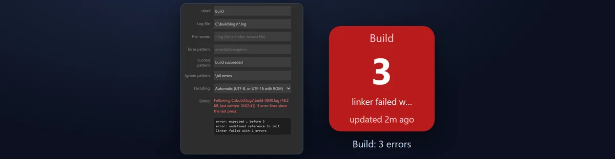 大事な行だけに反応：エラーのパターン（既定は error|fail|exception）、キーを緑にする成功のパターン（任意）、無視するパターンを指定できます。正規表現で、大文字と小文字を区別せずに照合します。