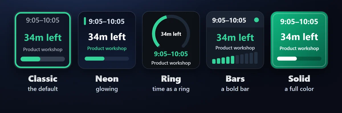 Pick your look: Classic, Neon, Ring, Bars or Solid for every key, with a 12 or 24 hour clock.