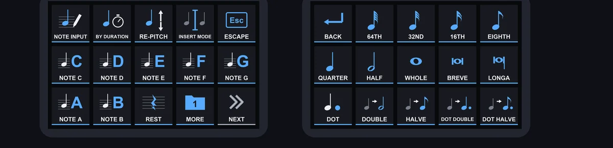 音符の入力：A〜G の音符、休符、64 分音符からロンガまでの音価、付点。