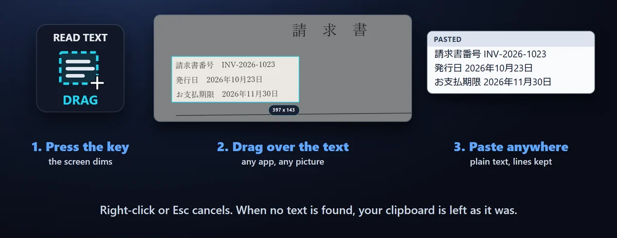 押して、囲んで、貼る：キーを押すと画面が暗くなります。文字をドラッグで囲んで離せば、どこにでも貼り付けられます。囲んでいる間は範囲の大きさが出ます。
