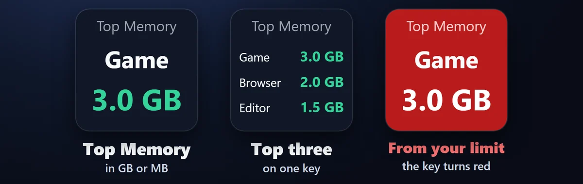メモリ トップ:いちばんメモリを使っているアプリと、その量を GB か MB で。