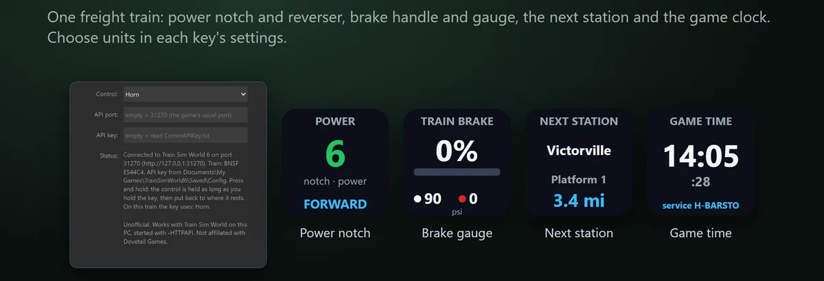 運転台を読む:ゲームの HUD と同じ表記の力行ハンドル(Power Handle)(ノッチの無いハンドルは%、一体型ハンドルはブレーキノッチも)、逆転ハンドル、ブレーキ(Train Brake)のハンドルと、ある列車では運転台のブレーキ圧力計(針は両方)を bar か psi で表示します。