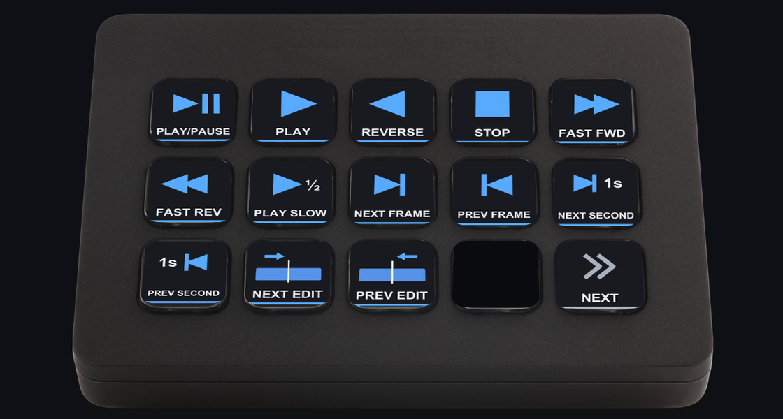 A Stream Deck MK.2 showing the Playback page of Cutline for DaVinci Resolve: play, stop, reverse, frame steps and edit steps