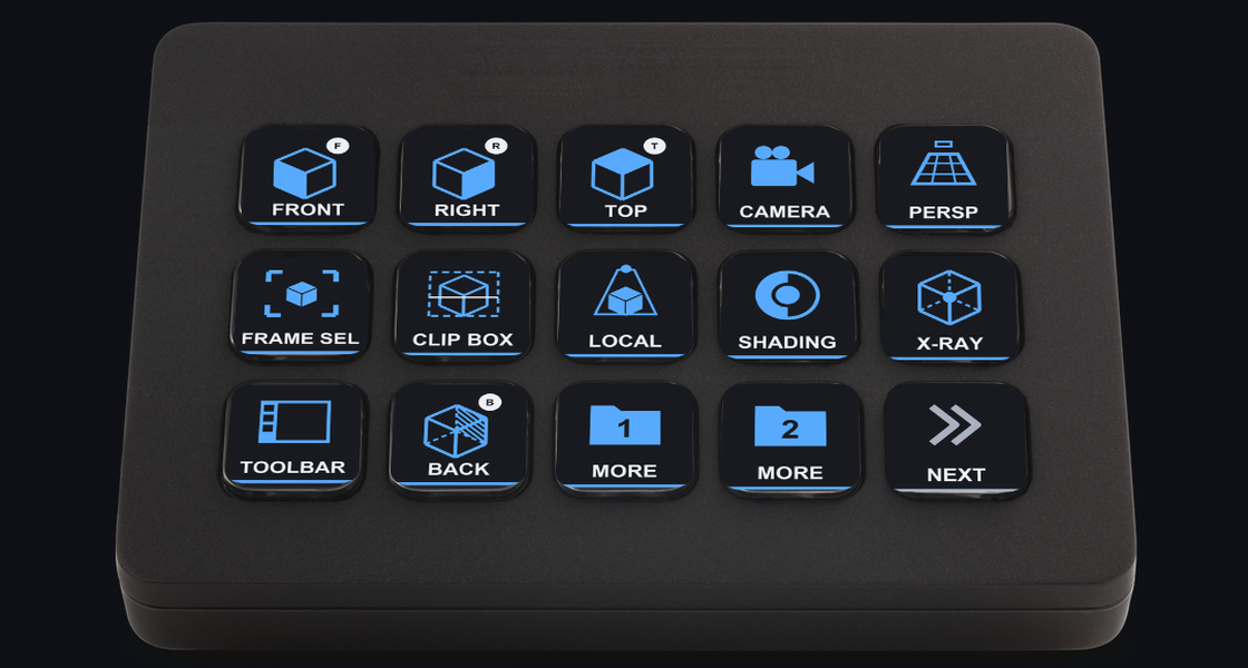 Vertex Deck の View のページを出した Stream Deck MK.2:正面・右・上の視点、カメラ、選択範囲の表示、ローカルビュー、シェーディング、X線のキー