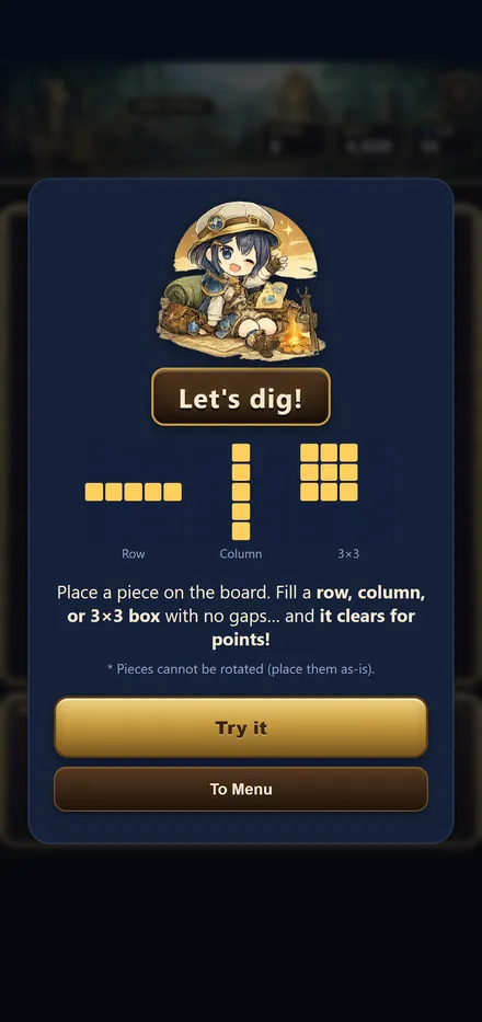 The how-to-play screen in Temple Quest: fill a row, a column or a 3×3 box to clear it