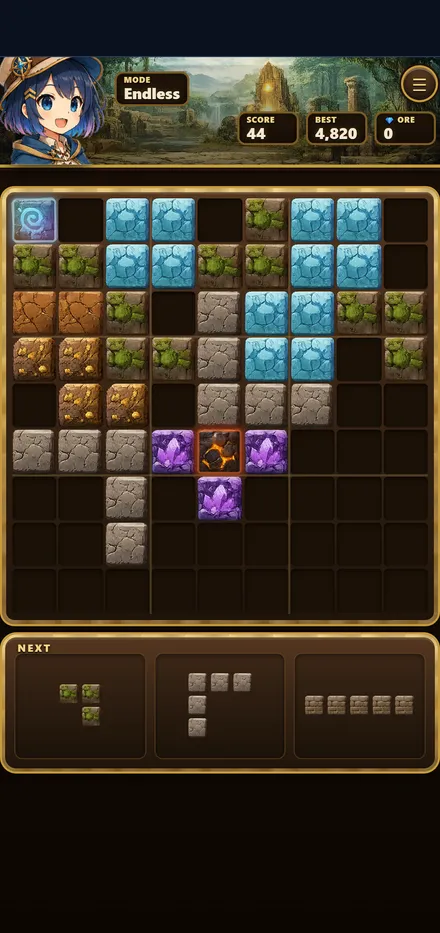 Placing blocks on the 9×9 board in Temple Quest’s endless mode