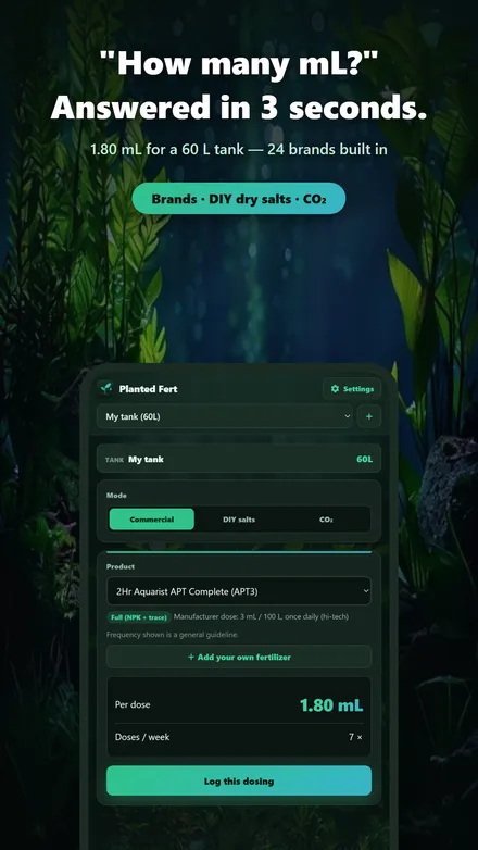 Aquarium Fertilizer Calculator showing 1.80 mL per dose for a 60 L tank