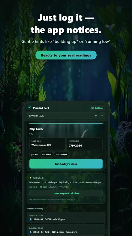 The tank screen, where the app gives hints such as “building up” or “running low” from your logs