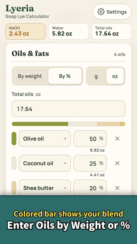 Lyeria oils entered by percent: olive oil 50%, coconut oil 25%, shea butter 20%, total oils 17.64 oz, with a colored bar showing the blend