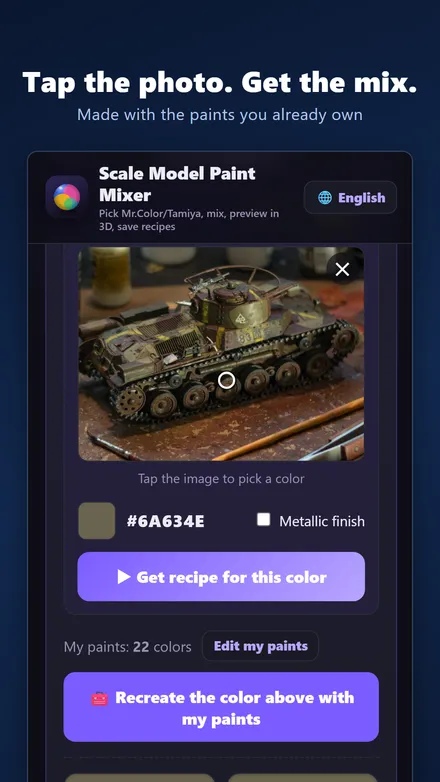 Tapping a color on a photo of a model tank in Scale Model Paint Mixer