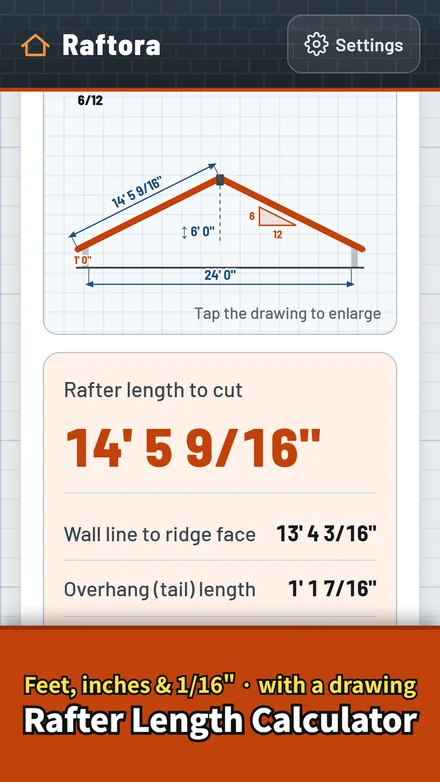 Raftora rafter screen for a 24 ft span at 6/12: drawing of the gable, rafter length to cut 14' 5 9/16 inches, wall line to ridge face 13' 4 3/16 inches, overhang tail 1' 1 7/16 inches
