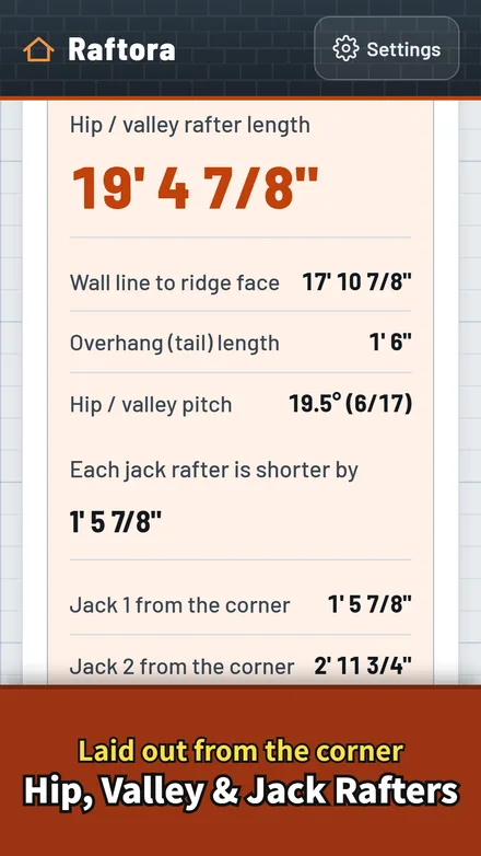 Raftora hip and valley screen for the same roof: hip rafter length 19' 4 7/8 inches, wall line to ridge face 17' 10 7/8 inches, tail 1' 6 inches, hip pitch 19.5 degrees (6/17), each jack rafter shorter by 1' 5 7/8 inches