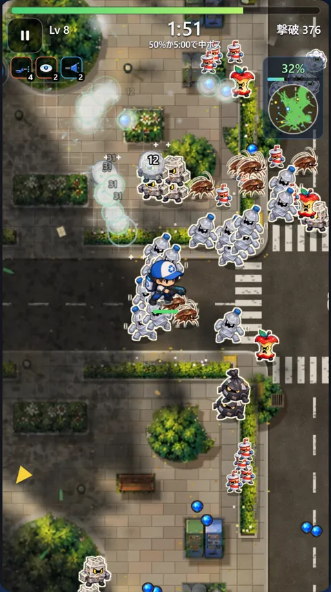 おそうじサバイバーの遊んでいる画面。青い帽子の清掃員が、ゴミの怪物の群れに囲まれながら街を歩いている。上に経過時間と撃破数
