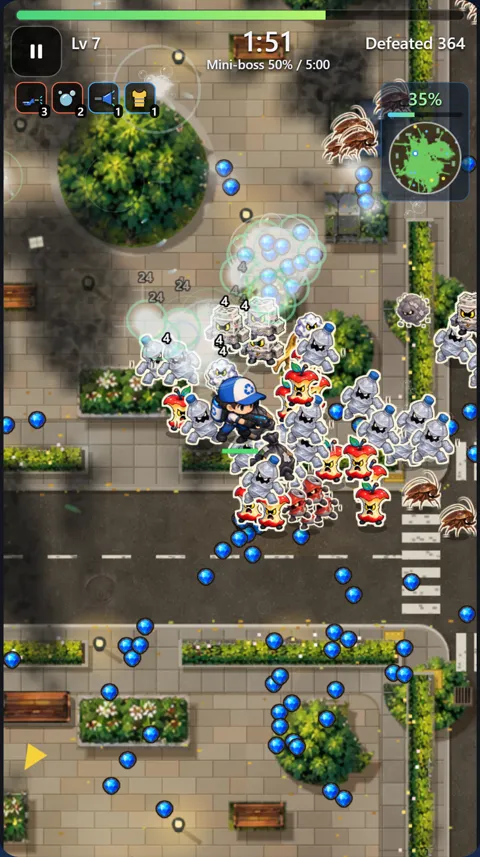 Cleanup Survivor gameplay. A cleaner in a blue cap walks through a city street surrounded by a horde of trash monsters, with the run timer and kill count at the top