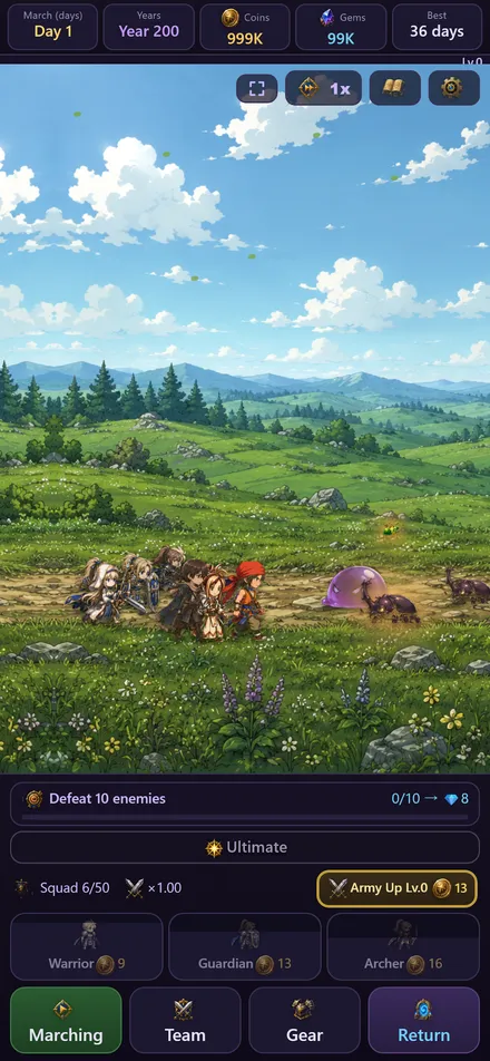 The army marching across a grassy field and fighting enemies in Eternal March
